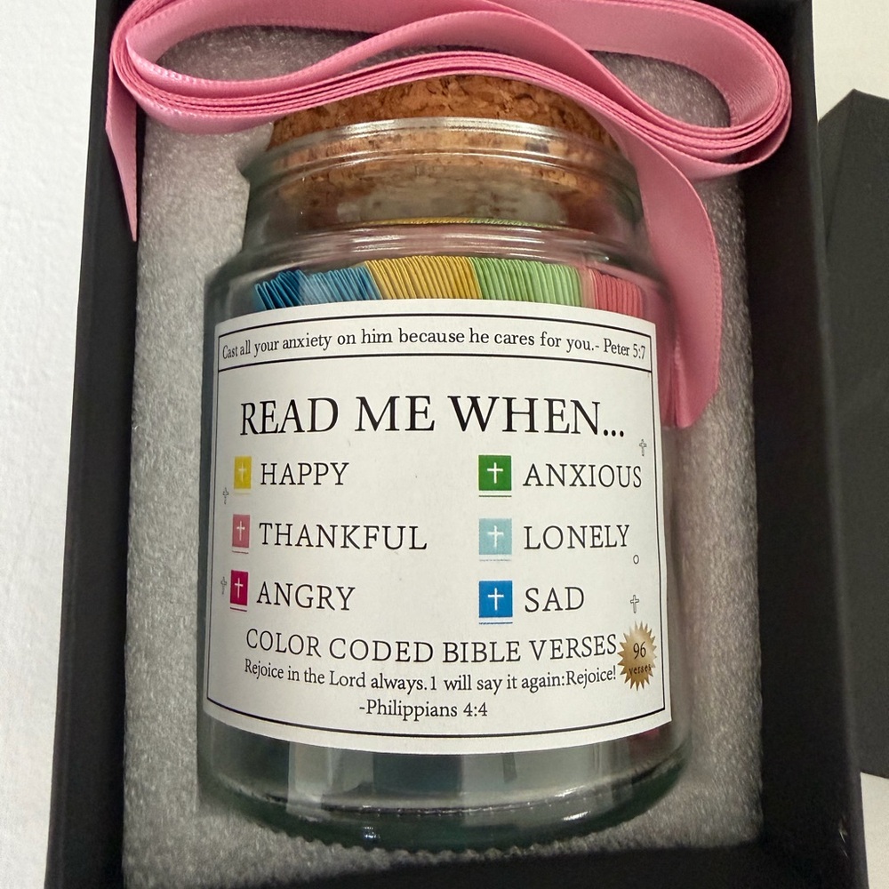 Color Coded Bible Verses Jar with Pink Ribbon